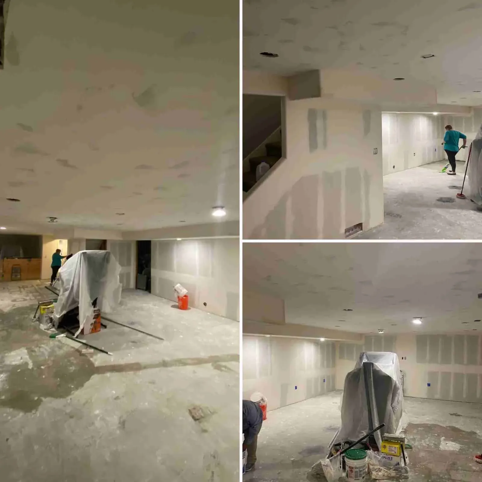 Basement rooms shown during drywall installation and joint finishing