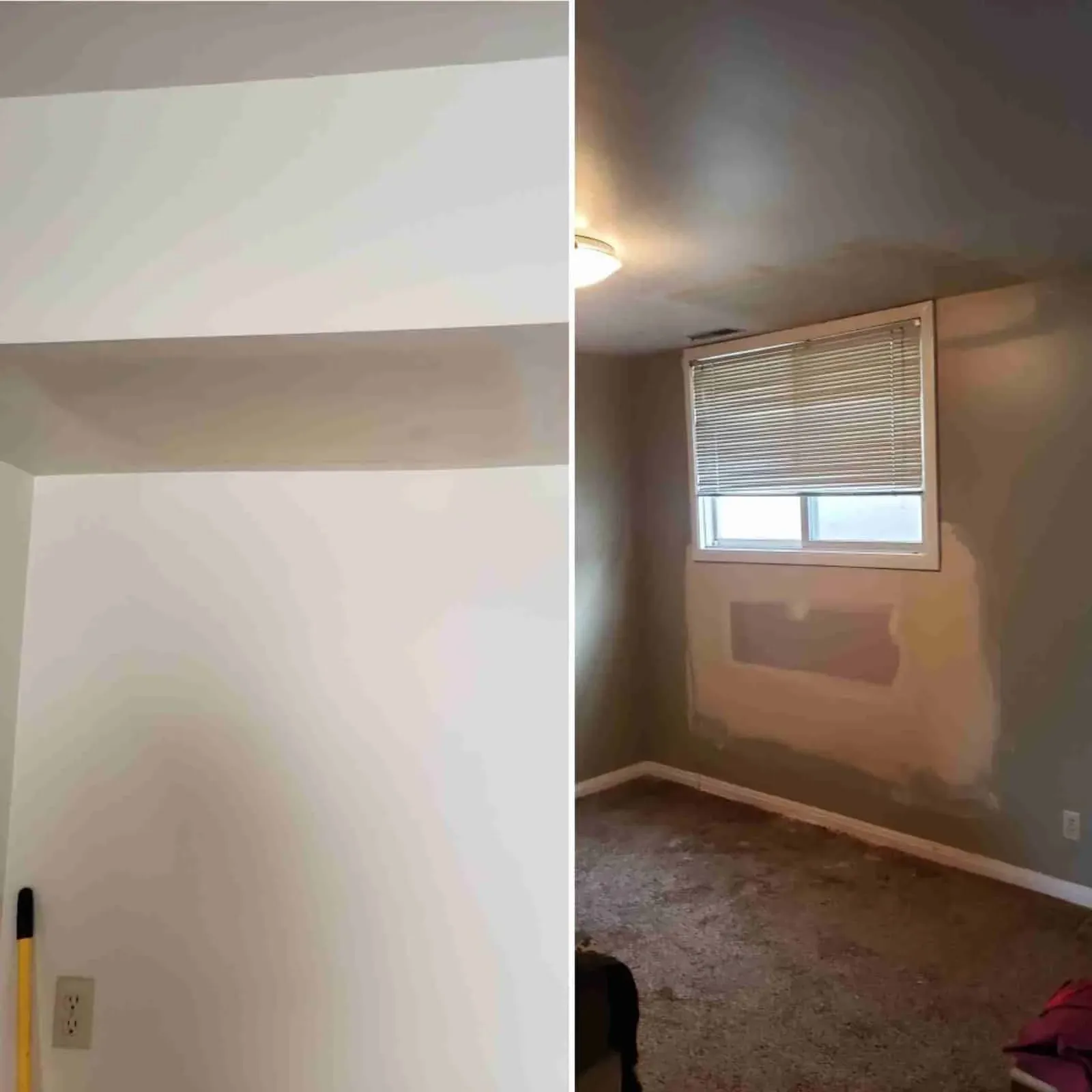 Ceiling drywall opening shown before repair, during finishing, and after blending