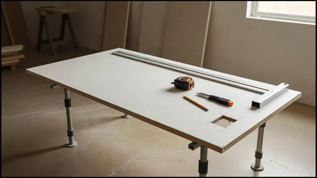 Drywall sheet arranged with a T-square, tape measure, and cutting tools