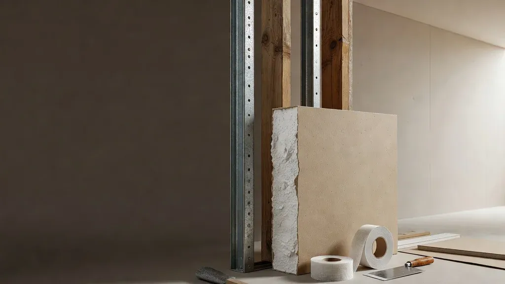 Gypsum panel, framing, joint tape, and finishing materials in a wall assembly study
