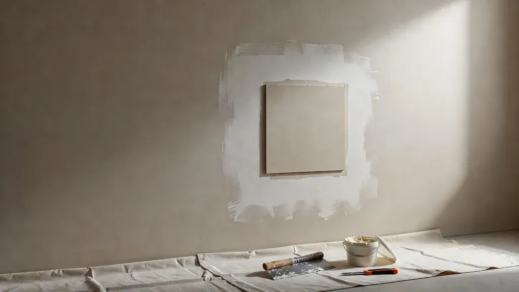 Fitted drywall patch surrounded by a broad feathered compound transition