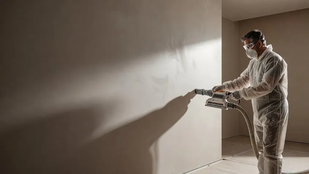 Protected drywall sanding work area inspected under strong side lighting