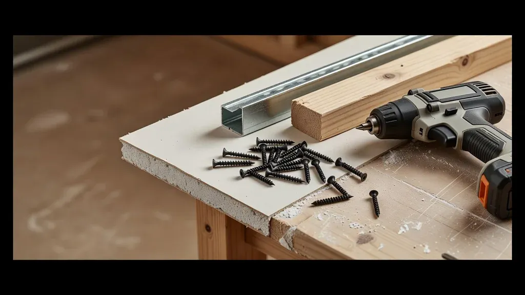 Drywall screws, framing samples, and a screw gun on a workbench