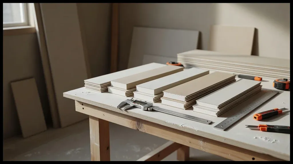 Drywall panel samples arranged by thickness on a contractor workbench