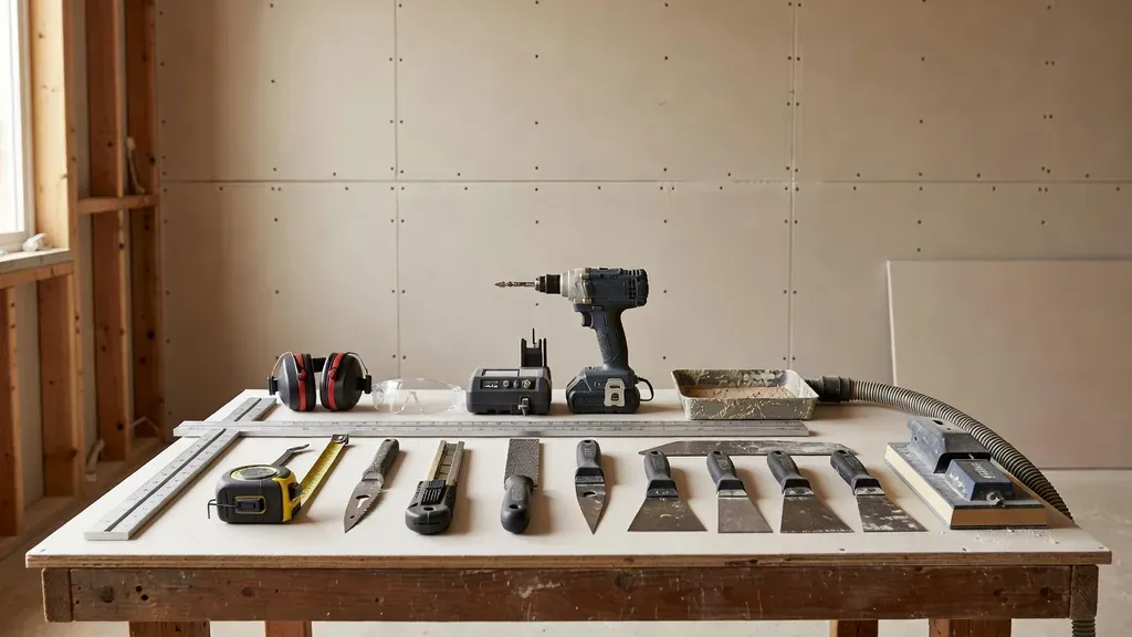 Professional drywall measuring, cutting, fastening, finishing, and dust-control tools arranged on a workbench