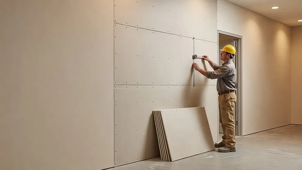 Installer checking fastener layout on a multi-layer fire-resistant gypsum wall assembly
