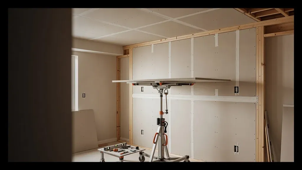 Basement drywall installation with supported panels and a ceiling lift