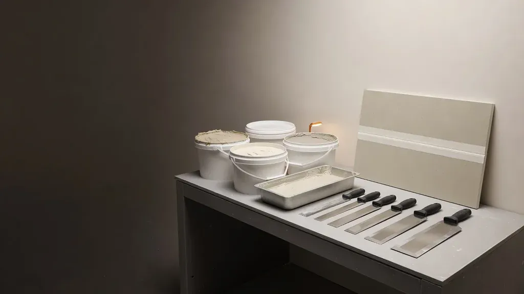 Joint compound, finishing knives, and gypsum samples arranged for comparison