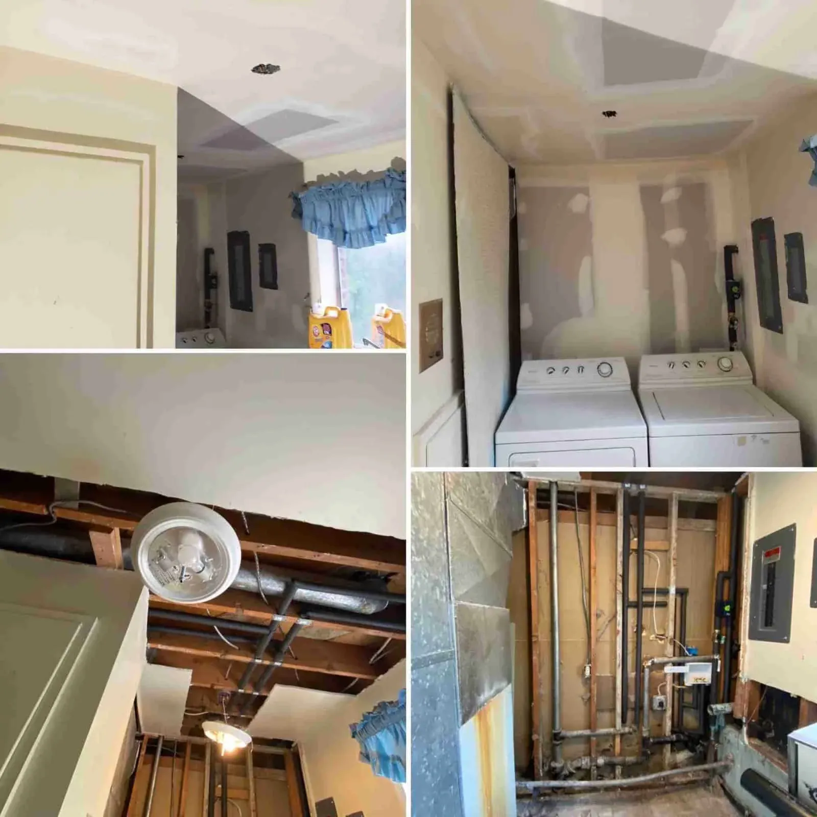 Collage showing an access opening, fitted drywall, and compound repair stages