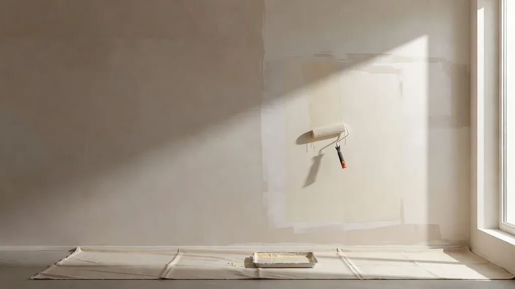 Repaired drywall being primed under side window light