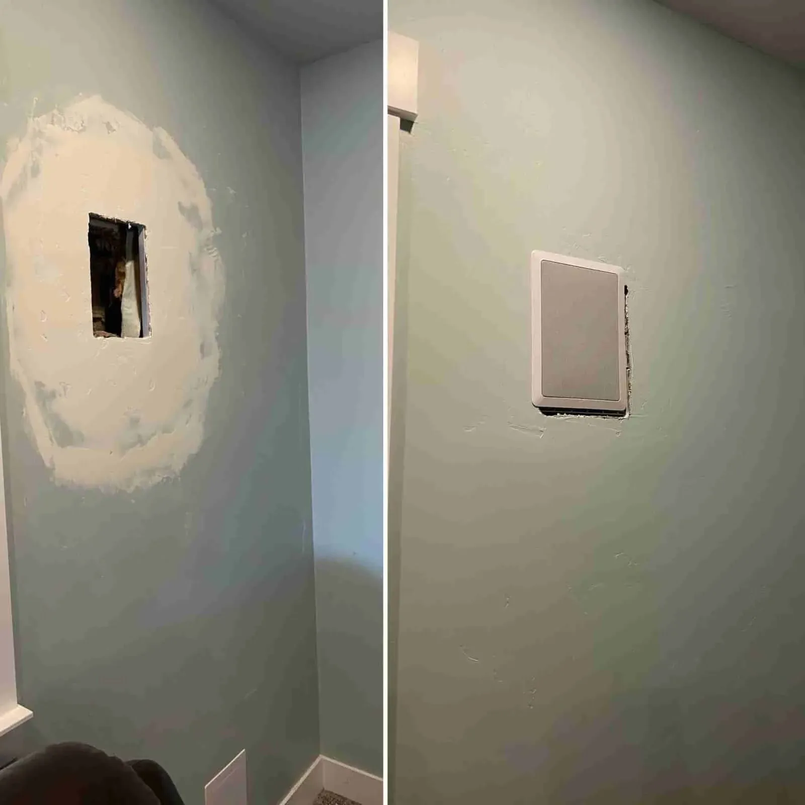 Wall access opening shown during drywall patching and after cover installation