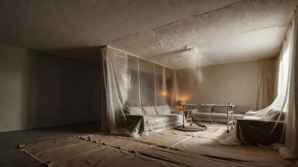 Living room protected for popcorn ceiling removal and surface refinishing