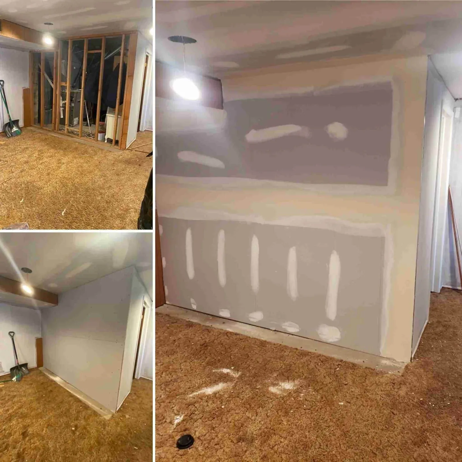 Collage showing room surfaces through drywall repair and finishing stages