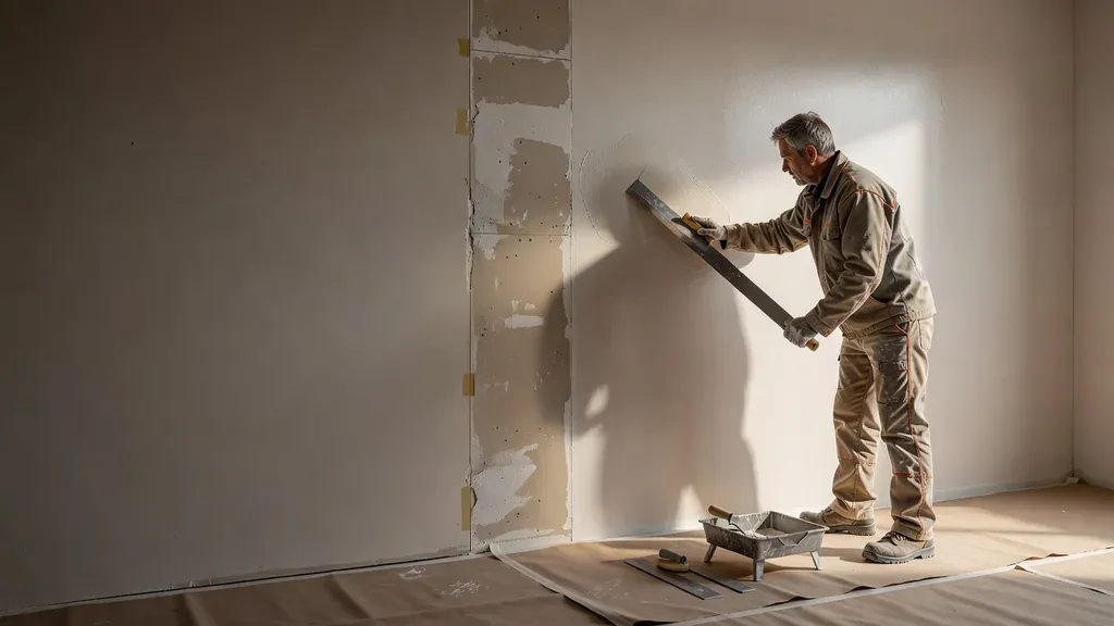 Drywall finisher applying a broad skim coat to an interior wall