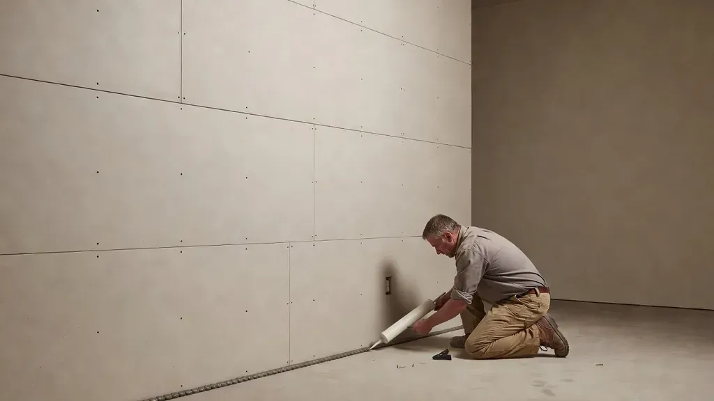Installer sealing the perimeter of a multi-layer sound-control drywall wall