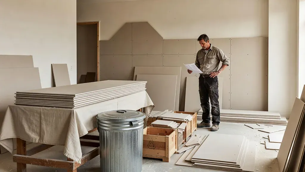 Contractor planning gypsum panel cuts and separating clean drywall offcuts during a remodel