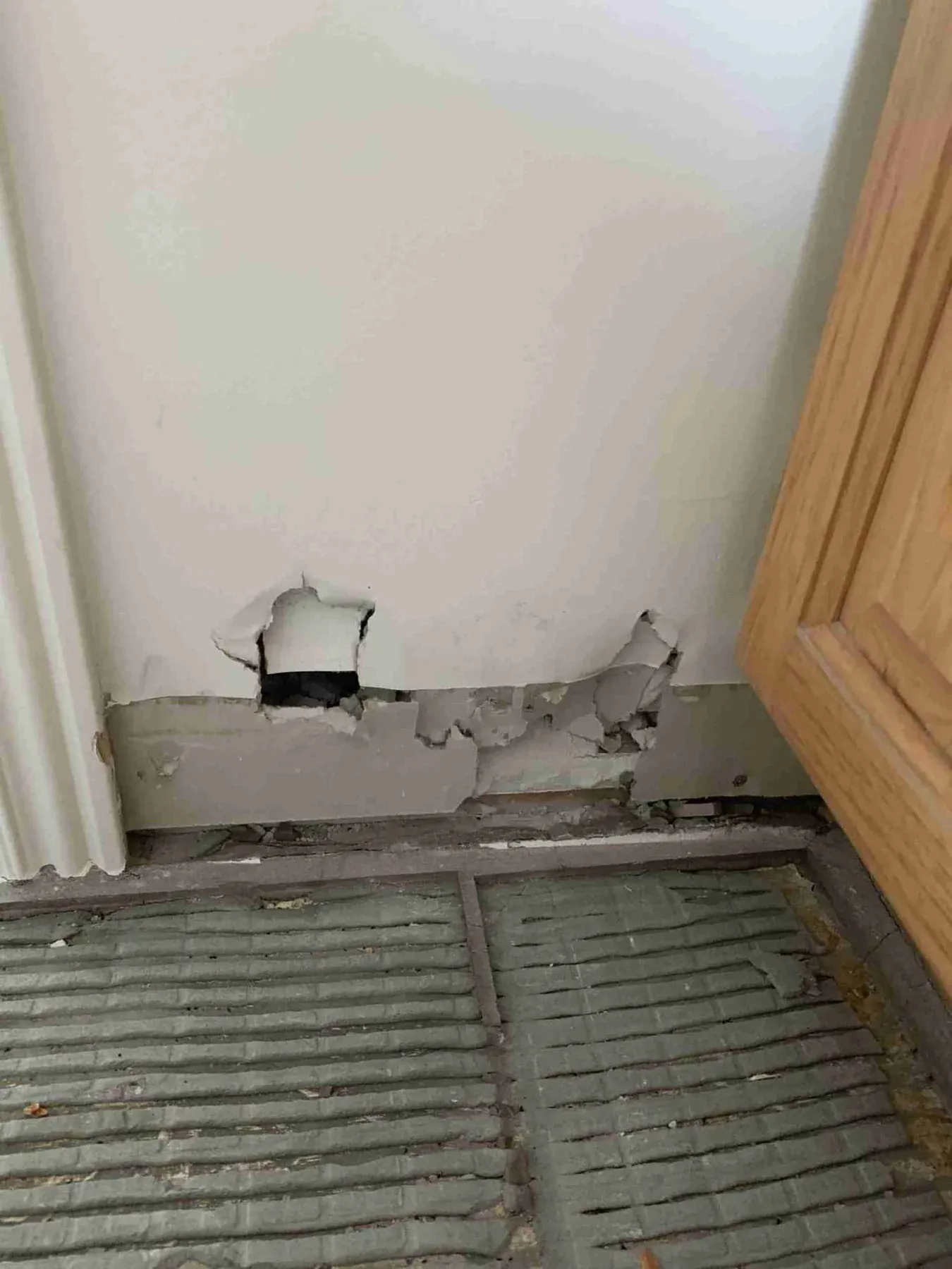 Damaged lower wall section opened for drywall replacement